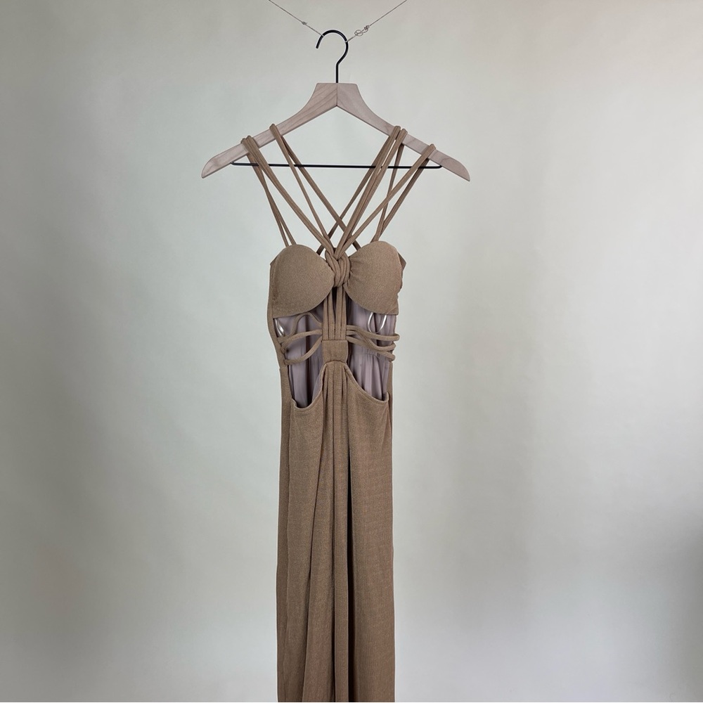 PatBO Knit Cut Out Maxi Dress in Camel Tan Beach Island Vacation Tropical Resort - Picture 4 of 9